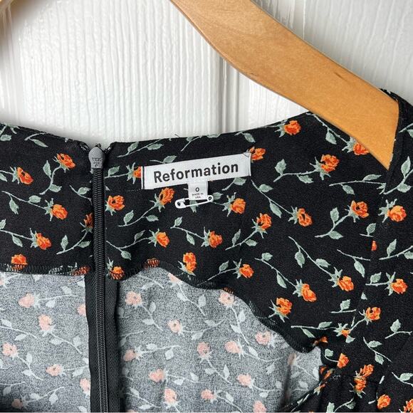 Reformation Black Floral Long Sleeve Sweetheart Neck Slit Hunt Midi Dress 0 - Picture 10 of 10